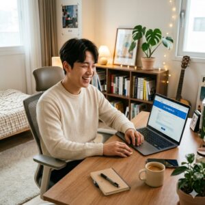 아늑하게 꾸며진 현대적인 자취방에서 한 청년이 노트북으로 복지로 사이트에 접속해 환하게 웃으며 청년월세지원을 신청하고 있는 고퀄리티 실사