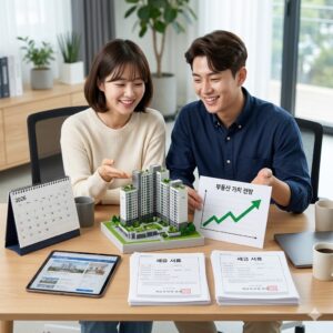 2026년 달력과 세금 서류가 놓인 깔끔한 책상 위에서, 젊은 부부가 아파트 3D 모형과 상승하는 화살표 그래프를 보며 환하게 웃고 있는 전문적이고 현대적인 느낌의 고화질 실사
