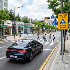 교차로에서 우회전하기 위해 횡단보도 앞에서 완전히 일시정지한 세련된 자동차와, 그 옆 어린이 보호구역(스쿨존) 표지판이 선명하게 보이는 안전하고 쾌적한 도심 도로의 풍경.