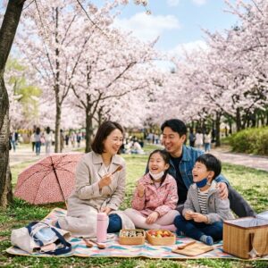 화창한 봄날 일요일, 벚꽃이 만발한 공원에서 가벼운 봄 외투를 입고 작은 우산과 마스크를 챙긴 채 돗자리 위에서 여유롭게 피크닉을 즐기는 행복한 가족의 모습