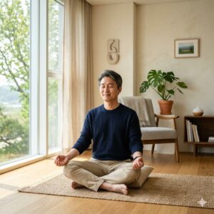 40대 직장인이 평화로운 자연광이 스며드는 모던하고 세련된 거실에서 눈을 감고 편안하게 미소 지으며 명상하는 모습