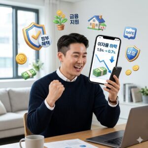 스마트폰 화면 속 하락하는 이자율 그래프와 돈다발을 보며 환호하는 현대인, 그리고 주변에 방패와 금화 등 안전한 정부 금융 혜택을 상징하는 3D 아이콘들이 떠다니는 세련되고 트렌디한 실사