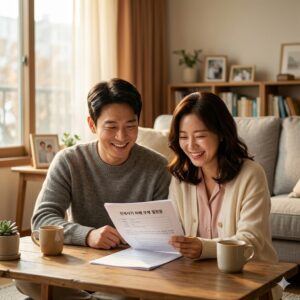 아늑한 거실 테이블에 앉아 밝은 표정으로 안도하며 서류(전세사기 피해 구제 결정문)를 확인하고 있는 30대 한국인 신혼부부의 모습