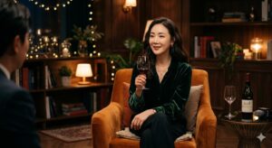 High-quality, photorealistic, 8k, cinema lighting, professional photography style. A sophisticated Korean actress sitting in a cozy, dimly lit interior talk show set, holding a wine glass, with a thoughtful yet playful expression, elegant atmosphere.