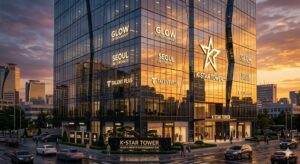 High-quality, photorealistic, 8k, cinema lighting, professional photography style. A modern glass office building in Gangnam, Seoul, reflecting the golden hour sunset, symbolizing high brand value and real estate success in the Korean entertainment industry.