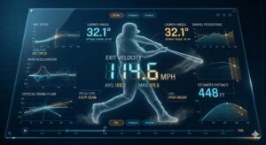High-quality, photorealistic, 8k, cinema lighting, professional photography style, a futuristic digital dashboard showing advanced baseball metrics like Exit Velocity and Launch Angle, with a ghosted silhouette of a left-handed hitter finishing a powerful swing, translucent data graphs overlaying a dark blue background