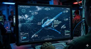 High-quality, photorealistic, 8k, cinema lighting, professional photography style, a digital screen displaying a complex AI interface overlaying a high-resolution satellite map of an ocean, highlighting a moving US aircraft carrier with tactical data, scanning lines and data points pulsating across the screen.