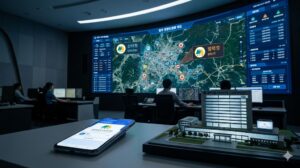 A professional, high-quality, photorealistic 8k cinematic shot of a modern city emergency response center in Wonju. The scene features a high-tech digital dashboard showing a map of Wonju city with civil defense symbols, cinema lighting with professional photography style. In the foreground, a sleek smartphone displays a digital civil defense notification app next to a modern architectural representation of Wonju City Hall, emphasizing digital transformation and civic duty.