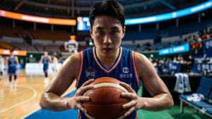 High-quality, photorealistic, 8k, cinema lighting, professional photography style, a close-up of a Korean professional basketball player in a team uniform, sweat dripping down his face, holding a basketball intensely in a modern indoor stadium, focused eyes, shallow depth of field, sharp focus on the basketball textures, dramatic shadows, orange and blue ambient lighting.