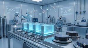 High-quality, photorealistic, 8k, cinema lighting, professional photography style, a high-tech laboratory setting showcasing glowing blue lithium-ion battery cells and crystalline semiconductor wafers, floating molecules of LiPF6 in a futuristic and clean environment, sharp focus, metallic textures.
