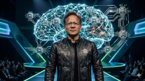 High-quality, photorealistic, 8k, cinema lighting, professional photography style. Jensen Huang wearing his signature black leather jacket, standing on a futuristic tech conference stage with a glowing holographic neural network of AI chips in the background. The atmosphere is intense and visionary, with sharp focus on his determined expression and the intricate textures of the leather and metallic circuit patterns.