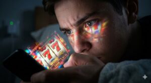 High-quality, photorealistic 8k close-up shot of a teenager's hand tightly gripping a smartphone in a dimly lit bedroom at night. The smartphone screen reflects vibrant, glowing casino-style slot machine icons and betting numbers onto the teenager's intense, focused face. Cinema lighting, professional photography style, dramatic shadows, shallow depth of field, sharp focus on the screen reflection, capturing a sense of high tension and addiction.