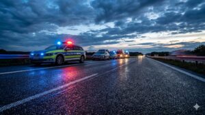 High-quality, photorealistic, 8k, cinema lighting, professional photography style, a long German Autobahn highway at twilight, blue and red emergency lights of a police car reflecting on the wet asphalt, a sense of solemnity and caution, dramatic clouds in the sky, highly detailed road textures.