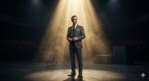 High-quality, photorealistic, 8k, cinema lighting, professional photography style. A charismatic and sophisticated male actor standing under a dramatic spotlight in a modern, minimalist theater setting. He is wearing a tailored charcoal grey suit, looking thoughtfully into the distance. The atmosphere is filled with a subtle haze and golden dust particles, evoking a sense of artistic depth and a grand comeback.