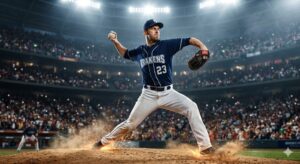High-quality, photorealistic, 8k, cinema lighting, professional photography style. A powerful professional baseball pitcher in a dynamic throwing motion on a stadium mound at night, sparks of energy and dust around the feet, intense focus, blurred crowd background, high shutter speed capturing the leather texture of the baseball.