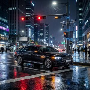 High-quality, photorealistic, 8k, cinema lighting, professional photography style. A sleek modern black sedan stopping precisely before a thick white stop line at a rain-slicked city intersection at night. The glowing red traffic light reflects on the wet asphalt. In the background, high-tech AI traffic enforcement cameras with subtle blue LED indicators are mounted on a futuristic pole, capturing the scene. The atmosphere is tense yet orderly, emphasizing precision and safety.