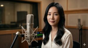 High-quality, photorealistic, 8k, cinema lighting, professional photography style, a confident South Korean woman with long dark wavy hair, wearing an elegant modern ivory silk blouse, sitting in a professional voice recording studio environment, high-end studio microphones and acoustic panels in a soft bokeh background, sharp focus on her expressive and resilient eyes, symbolizing professional comeback and psychological strength.