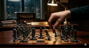 High-quality, photorealistic, 8k, cinema lighting, professional photography style. A dramatic scene in a dark, high-end law office or courtroom. Several chess pieces shaped like prosecutors in suits are being shuffled and rearranged by a blurred, mysterious hand on a polished wooden table. High contrast, sharp focus on the chess pieces, moody atmosphere, symbolizing systemic manipulation and rotation.
