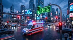 High-quality, photorealistic, 8k, cinema lighting, professional photography style. A white and red modern ambulance speeding through a busy futuristic city intersection at blue hour. The traffic light in front of the ambulance is glowing vivid green while other directions are bright red. Motion blur on the wheels, dramatic street reflections on the wet asphalt, cinematic atmosphere, sharp focus on the vehicle, wide-angle lens.