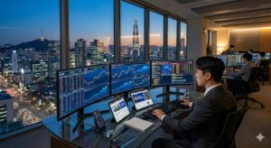 A high-end, professional trading floor in Seoul with floor-to-ceiling windows showing the city skyline at dusk, multiple ultra-wide monitors displaying complex financial data and glowing stock charts, a sleek glass desk with a premium smartphone and a tablet, High-quality, photorealistic, 8k, cinema lighting, professional photography style.]