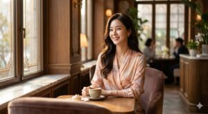 High-quality, photorealistic, 8k, cinema lighting, professional photography style. A sophisticated and elegant Korean woman in her late 20s with long, wavy dark hair, wearing a stylish pastel-toned blouse, sitting in a luxury cafe with soft sunlight filtering through the window. The atmosphere is calm and romantic, capturing a natural smile and a poised demeanor.