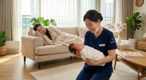 High-quality, photorealistic, 8k, cinema lighting, professional photography style. A warm and trustworthy scene in a modern Korean living room where a professional postpartum care helper in a clean uniform is gently supporting a newborn baby's head while the mother rests comfortably in the background. The atmosphere is peaceful, sunlit, and filled with a sense of safety and expert care.