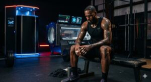 High-quality, photorealistic, 8k, cinema lighting, professional photography style. LeBron James sitting on a bench in a dimly lit, high-tech training facility, sweating after an intense workout. He is looking at his hands with a focused and contemplative expression. In the background, advanced recovery equipment like a cryotherapy chamber and hyperbaric oxygen tank are visible with subtle glowing LED lights. The atmosphere is intense, showing the grit and science behind his longevity.