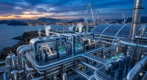A futuristic, high-tech industrial plant with green energy facilities and carbon capture units, sleek silver pipes, glowing blue light accents, dramatic lighting, 8k resolution, photorealistic, cinematic composition, highly detailed architectural design]